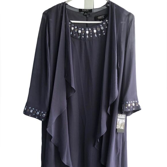 NWT Ignite Evening 2 Piece Purple/Eggplant Chiffon Rhinestones Dress & Cardigan - Picture 3 of 10